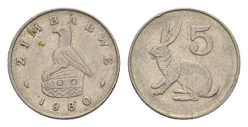 Зимбабве 5 центов 1980 рыжий кролик KM 2 медно-никель 4655-745