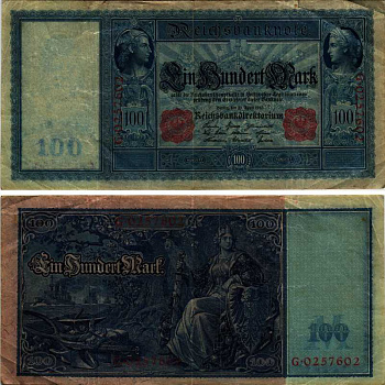 ГЕРМАНИЯ 100 МАРОК 1910 21 АПРЕЛЯ 1910, КРАСНАЯ ПЕЧАТЬ Pick 42 бумага 8606-27-2-2