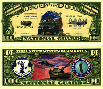 США 1000000 ДОЛЛАРОВ 2001 СУВЕНИРНАЯ БАНКНОТА, СЕРИЯ АМЕРИКАНСКАЯ АРМИЯ, НАЦИОНАЛЬНАЯ ГВАРДИЯ, ХАММЕР, БРОНЕТРАНСПОРТЁР, ИСТРЕБИТЕЛЬ, ТАНК бумага UNC (ПРЕСС) 7198-36-2-1