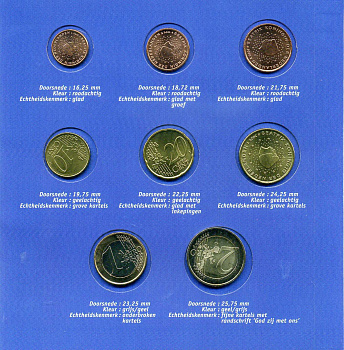 Нидерланды евронабор из 8 монет (1, 2, 5, 10, 20 и 50 евроцентов; 1 и 2 евро) в красочном буклете KM 234, 235, 236, 237, 238, 239, 240 и 241 UNC 4-3-2-40