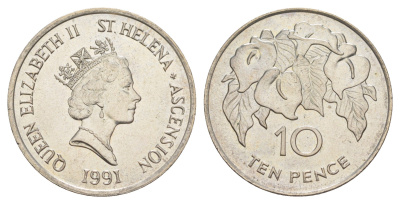 Острова Святой Елены и Вознесения 10 пенсов 1991 KM 15 медно-никель UNC 4385-942