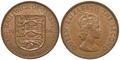Джерси 1/12 шиллинга 1964 Елизавета II (1952-2022) KM 21 бронза 41-544