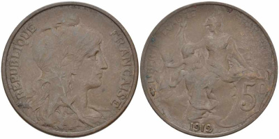 ФРАНЦИЯ 5 САНТИМОВ 1912 ТИП ДАНИЭЛЬ ДЮПЮИ KM 842, LE FRANC 119.24 бронза 108-935