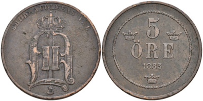 Швеция 5 эре 1883 Оскар II (1872-1907) король Швеции и Норвегии KM 736 бронза 4557-516
