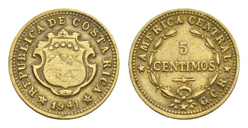 Коста-Рика 5 сентимо 1941 KM 151 латунь 1522-544