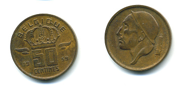 БЕЛЬГИЯ 50 САНТИМОВ 1959 BELGIQUE KM 148.1 бронза 86-843