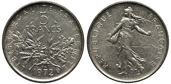 Франция 5 франков 1972 сеятель KM 926a.1, Le Franc 341.4 медно-никель плакированный никелем 3855-912