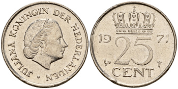 Нидерланды 25 центов 1971 Юлиана (1949-1980) KM 183 никель    4598-458
