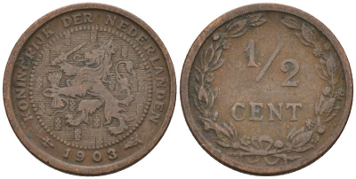 Нидерланды 1/2 цента 1903 Вильгельмина (1890-1948) KM 133 бронза 4576-321