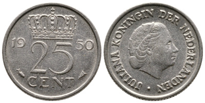 НИДЕРЛАНДЫ 25 ЦЕНТОВ 1950 ЮЛИАНА KM 183 никель 75-1116
