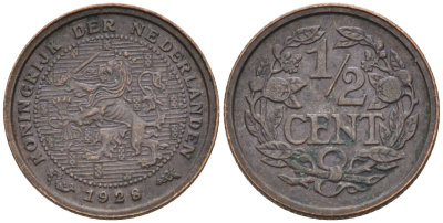 Нидерланды 1/2 цента 1928 Вильгельмина (1890-1948) KM 138 бронза 4576-516