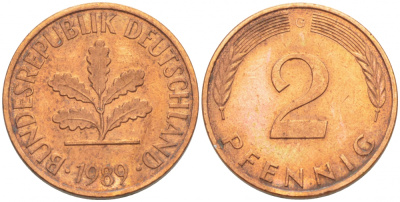 ФРГ 2 ПФЕННИГА 1989 J KM 106a, J.381a сталь плакированная сталь плакированная медьюю 4396-1619