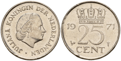 Нидерланды 25 центов 1971 Юлиана (1949-1980) KM 183 никель    4598-458