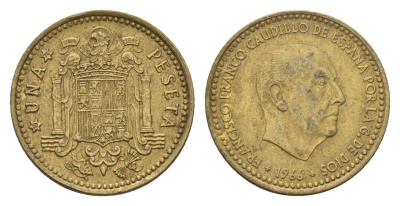 Испания 1 песета 1966 (70) Франсиско Франко (1939-1975) KM 796 алюминиевая бронза 4708-418