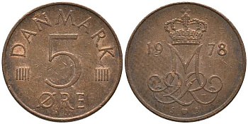 ДАНИЯ 5 ЭРЕ 1978 S; B, МАРГРЕТЕ II (1972-) KM 859.1 железо плакированное медью 116-158