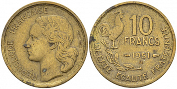 Франция 10 франков 1951 B, петух KM 915.2, Le Franc 363.5 алюминиевая бронза 4402-936