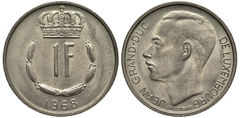 ЛЮКСЕМБУРГ 1 ФРАНК 1968 ВЕЛИКИЙ ГЕРЦОГ ЖАН (1964-2000) KM 55 медно-никель 4538-925