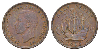 Великобритания 1/2 пенни 1943 Георг VI (1936-1952) KM 844, Spink 4115 бронза 4538-143