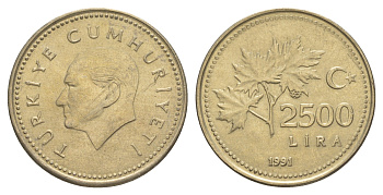 Турция 2500 лир 1991 Кемаль Ататюрк KM 1015 никель латунь UNC 4648-851