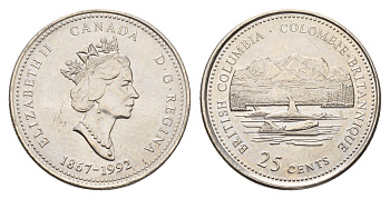 Канада 25 центов 1992 125 лет Конфедерации Канада - Британская Колумбия KM 232 никель UNC 113-715