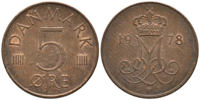 ДАНИЯ 5 ЭРЕ 1978 S; B, МАРГРЕТЕ II (1972-) KM 859.1 железо плакированное медью 116-158