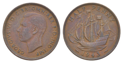 Великобритания 1/2 пенни 1943 Георг VI (1936-1952) KM 844, Spink 4115 бронза 4538-143