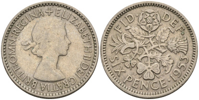 Великобритания 6 пенсов 1953 Елизавета II (1952-2022) KM 889, Spink 4141 медно-никель    4147-415
