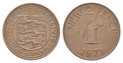 Гернси 2 новых пенса 1971 Елизавета II (1952-2022), ветряная мельница KM 22 бронза 4703-1053