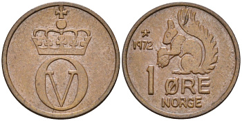 Норвегия 1 эре 1972 белка, Улаф V (1958-1991) KM 403 бронза UNC 4580-949