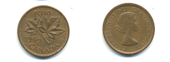 Канада 1 цент 1964 Елизавета II (1952-2022), кленовый лист KM 49 бронза 177-1327