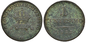 Италия, Ломбардия-Венеция 1 чентезимо 1822 M, в составе монархии Габсбургов С 1.2 медь 00-00