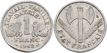 Франция 1 франк 1942 LB, тип Lourde, правительство Виши KM 902.1, Le Franc 222.2 алюминий 4142-913