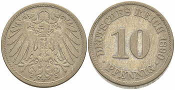 ГЕРМАНИЯ 10 ПФЕННИГОВ 1890 A KM 12, J. 13 медно-никель 3996-1162