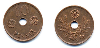 ФИНЛЯНДИЯ 10 ПЕННИ 1942 KM 33.1 медь 51-5015
