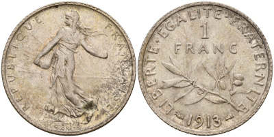 Франция 1 франк 1913 KM 844 серебро 4159-513
