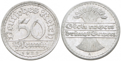 ГЕРМАНИЯ 50 ПФЕННИГОВ 1922 A KM 27, J. 301, Weege 10 алюминий 77-623