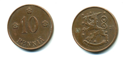 Финляндия 10 пенни 1922 республика (1918-1962) KM 24 медь 46-717