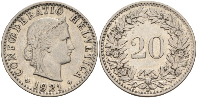 Швейцария 20 раппенов 1921 В KM 29 никель 4592-913