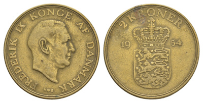 Дания 2 кроны 1954 N, Фредерик IX (1947-1972) KM 838 алюминиевая бронза 4634-535