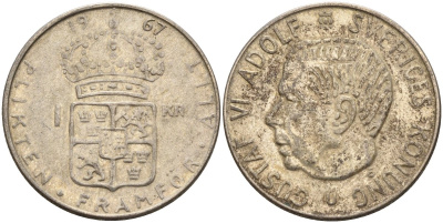 Швеция 1 крона 1967 U, Густав VI Адольф (1950-1973) KM 826 серебро 4150-223