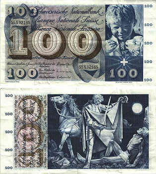 Швейцария 100 франков 1967 1 января 1967, серия 55 X, подпись 42 Pick 49 i бумага 8606-25-2-1