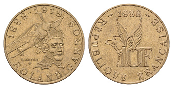 Франция 10 франков 1988 100 лет со дня рождения Ролан Гарроса (1888-1918) KM 965, Le Franc 372.3 никель латунь 4118-1016
