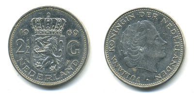 Нидерланды 2 1/2 гульдена 1969 Юлиана (1948-1980) KM 191 никель 4364-551