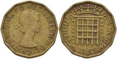Великобритания 3 пенса 1963 Елизавета II (1952-2022) KM 900, Spink 4153 никель латунь 4146-351