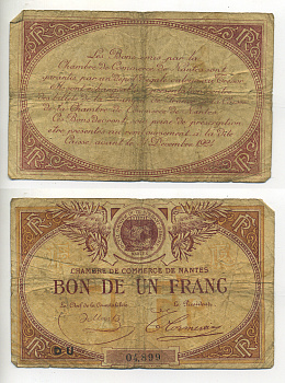 ФРАНЦИЯ 1 ФРАНК ND РЕГИОНАЛЬНЫЙ БОН, КОМЕРЧЕСКАЯ ПАЛАТА ГОРОДА НАНТА, ДЕЙСТВИТЕЛЕН ДО 24 ДЕКАБРЯ 1924 бумага 7552-31-4-2