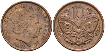 Новая Зеландия 10 центов 2006 Елизавета II (1952-2022), маска маори KM 117а сталь плакированная медью 119-955