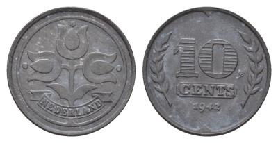 Нидерланды 10 центов 1942 Вильгельмина (1890-1948) KM 173 цинк 4675-916