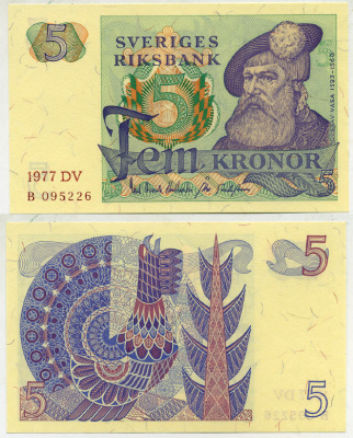 Швеция 5 крон 1977 DV, Густав I Ваза Pick 51d бумага aUNC 444-143-3