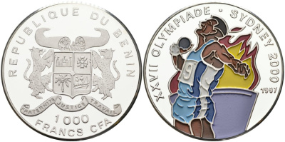 Бенин 1000 франков 1997 Олимпийские игры 2000 года в Сиднее, метатель ядра, цветная эмаль KM 21 серебро PROOF 01-076-42