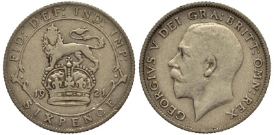 Великобритания 6 пенсов 1921 Георг V (1910-1936) KM 815а.1, Spink 4024 серебро 4539-112